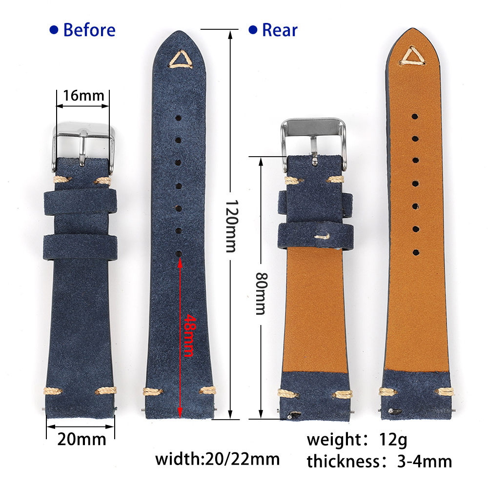 Watch Bands Vintage Suede Leather Watch Band 20mm 22mm Blue Brown Watch Strap Replacement Wristband Handmade Stitching Watchband 230728