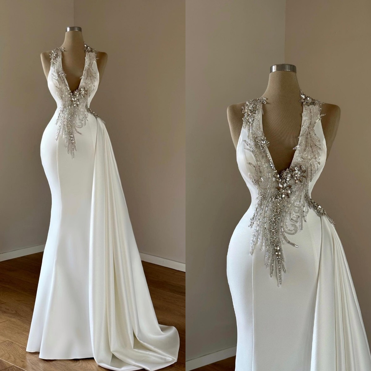 Gorgeous Satin Mermaid Wedding Dresses Beading V Neck Crystal Boho Bridal Gowns Sweep Train