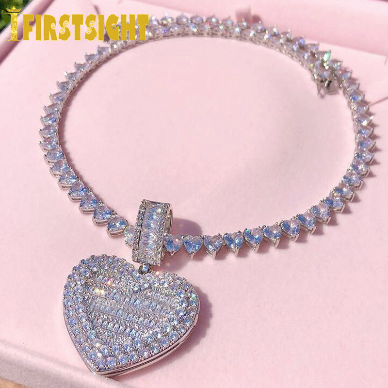 Charms Iced Out Bling Can Be Opened Heart shaped P o Pendant Necklace Hearts Tennis Chain Cubic Zirconia Fashion Women Men Jewelry 230727