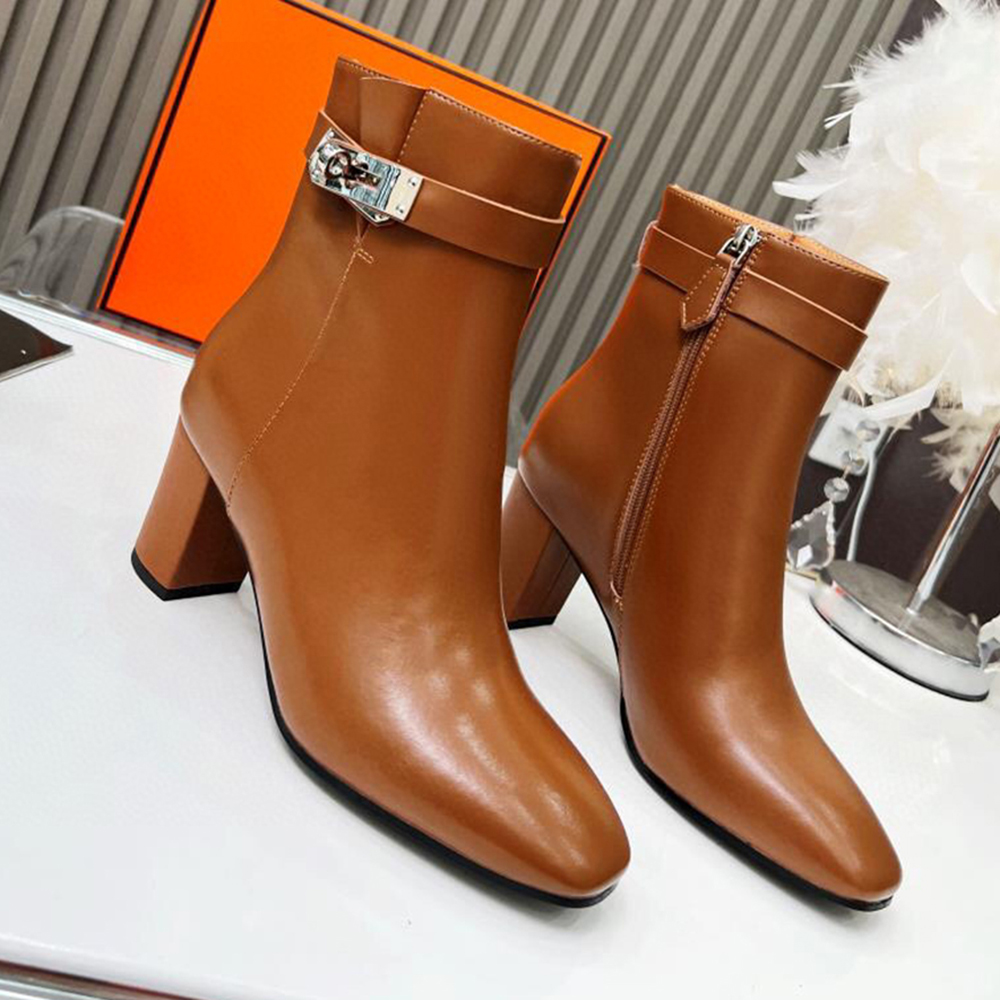 New buckle decoration Ankle boots chunky Heel Side zipper Fashion Boots High heeled leather boots women's luxury designers brand shoe factory footwear With box