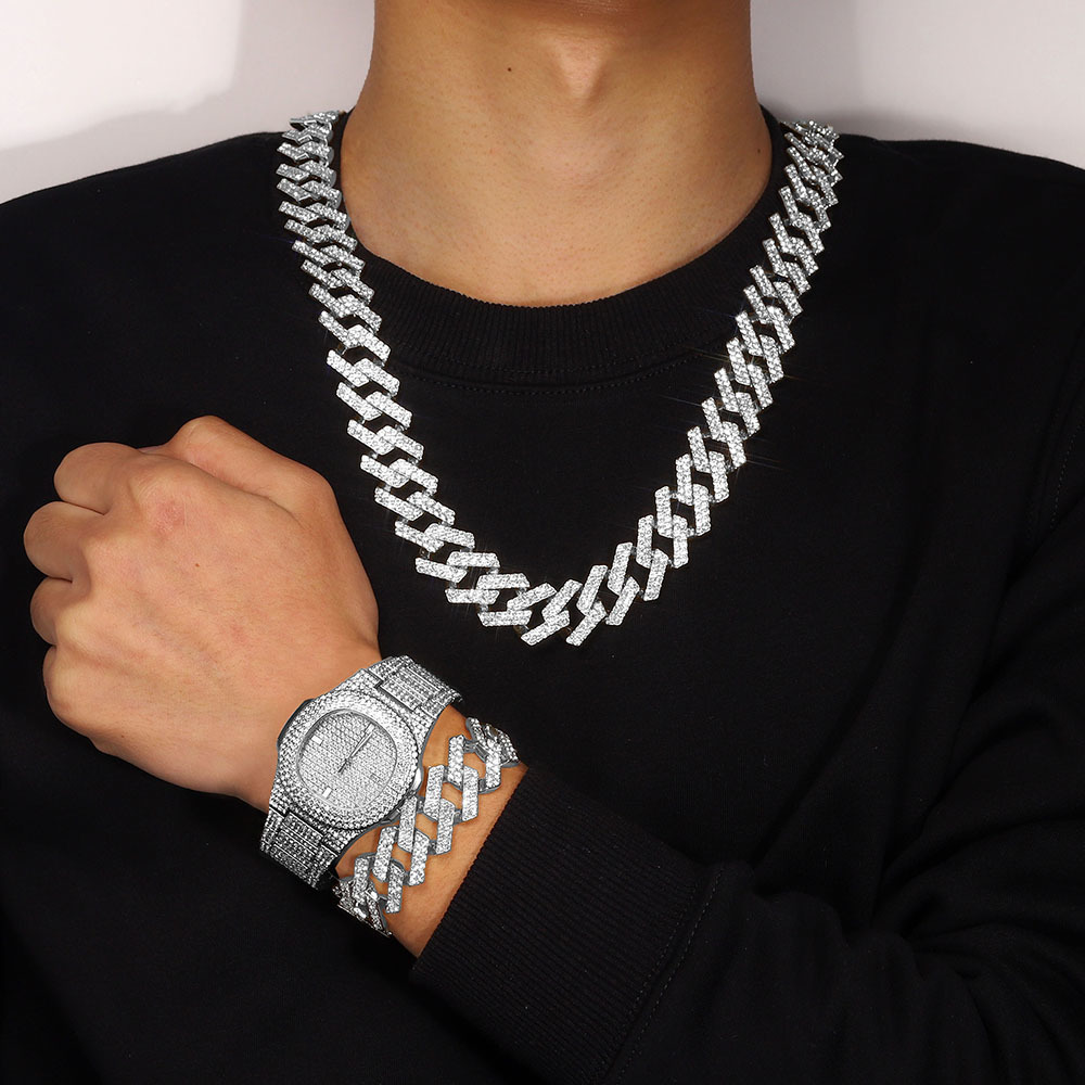 Charm Bracelets Hip Hop Iced Out Cuban Bracelet Men 20MM Cuban Chain Jewelry Watch Suit Silver Color Tennis Chain Watch For Men's Rapper Gift 230