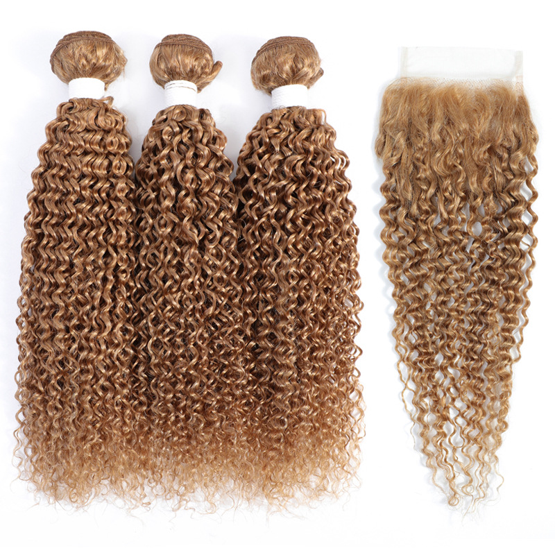 Brazilian Human Hair 3 Bundles With 4*4 Lace Closure 27# Color Kinky Curly Yirubeauty Virgin Hair Wefts With Closure Free Part