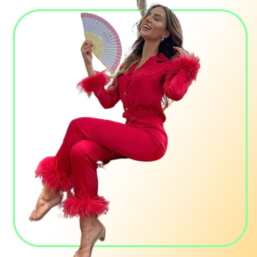 Pajamas for Womens Pyjamas Set Long Sleeve Sleepwear Women Set Pajamas Suit Female Two Piece Set with Feather Loungewear H1112