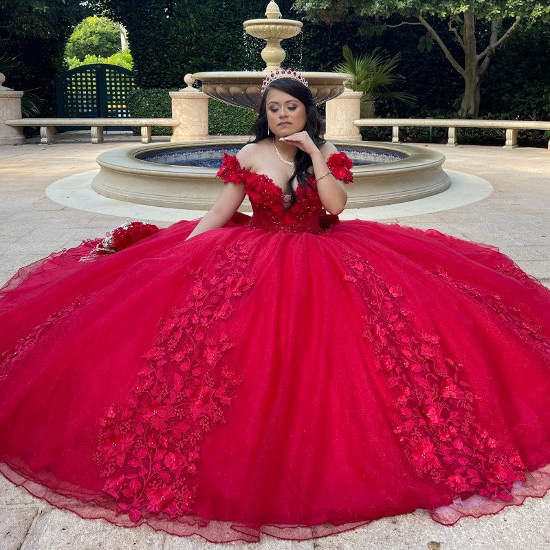 Luxury Red Quinceaneras 2025 Ball Gowns Quinceanera Dresses Beaded 3DFlower Tull Vestidos De 15 Anos Birthday Rhinestones