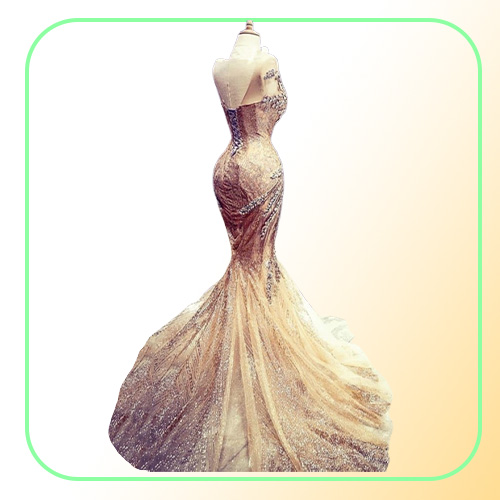2K19 Gold Prom Dresses Mermaid African Evening Gowns Sheer Jewel Beaded Backless Modest Formal Party Special Occasion Dress