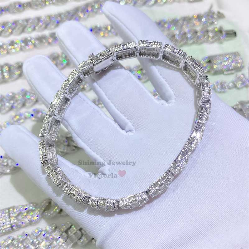Solid Silver Men Fashion 10mm Vvs Moissanite Diamond Gra Baguette Tennis Bracelet