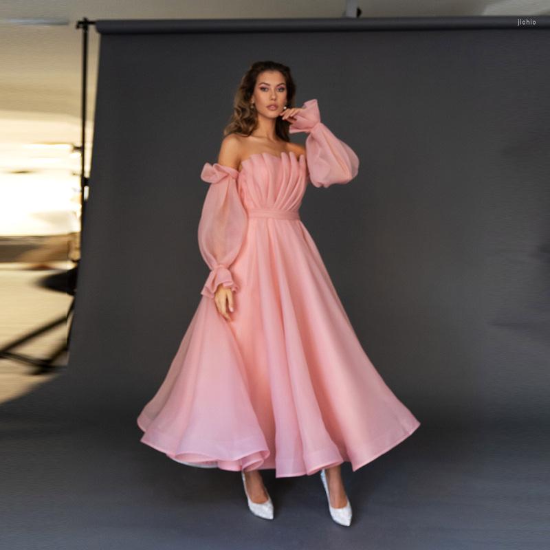 Casual Dresses Pink Strapless For Women Lantern Sleeve Pleated A Line Ankle-Length Summer Party Wear Chic Aesthetic Graceful Sweet Gown