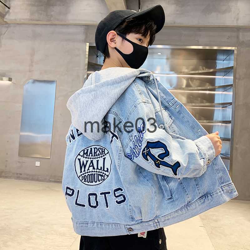 Jackets Korean Children Boys Denim Jackets Cotton Teenage Hooded Jeans Jackets Letter Print Spring Boys Clothes 4 6 8 12 16 Years Old J230728