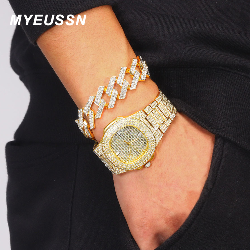 Charm Bracelets Hip Hop Iced Out Cuban Bracelet Men 20MM Cuban Chain Jewelry Watch Suit Silver Color Tennis Chain Watch For Men's Rapper Gift 230