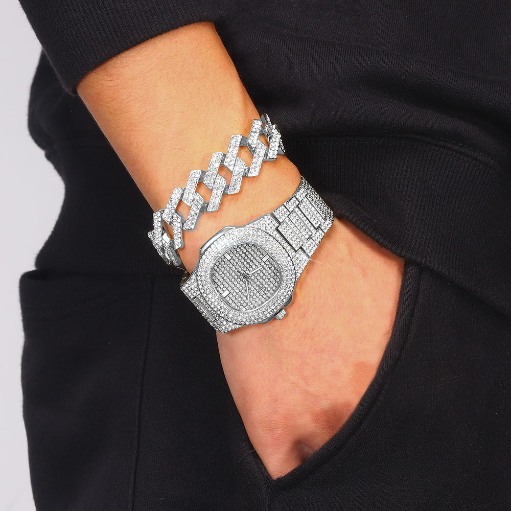 Charm Bracelets Hip Hop Iced Out Cuban Bracelet Men 20MM Cuban Chain Jewelry Watch Suit Silver Color Tennis Chain Watch For Men's Rapper Gift 230