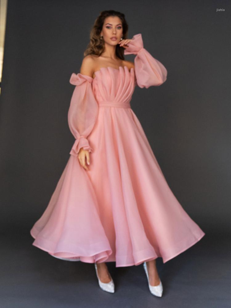 Casual Dresses Pink Strapless For Women Lantern Sleeve Pleated A Line Ankle-Length Summer Party Wear Chic Aesthetic Graceful Sweet Gown