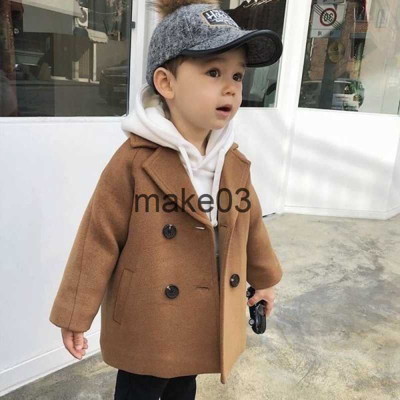 Jackets Winter Grid Jackets Boys Girls Woolen DoubleBreasted Baby Trench Coat Lapel Kids Outerwear Wool Overcoat Toddler Fall Clothes J230728