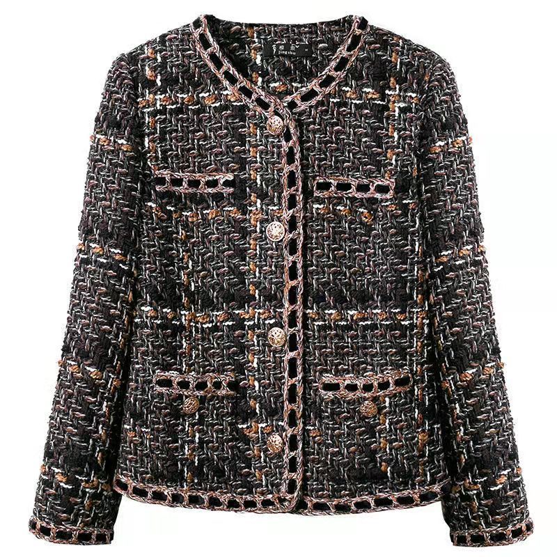 Autumn spring new womens o-neck brown color tweed woolen short jacket coat plus size casacos SMLXLXXL3XL4XL