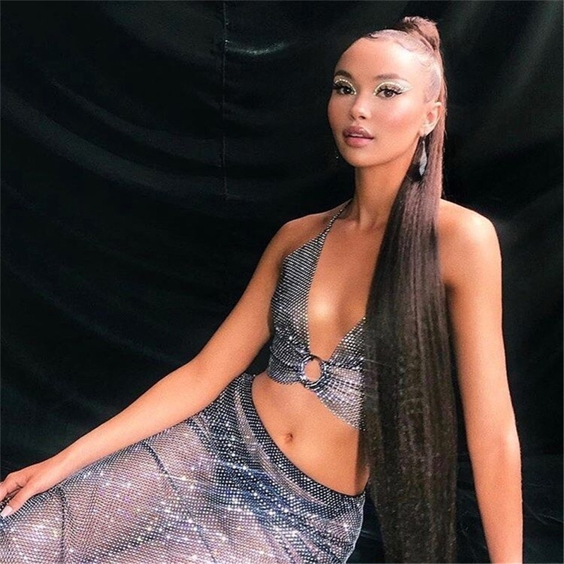 Dental Grills Cosysail Bling Crystal Black White Mesh Hollow Out Sexy Sleeveless Fishnet Bra Chain Evening Party Carnival Dresses for Female 230727