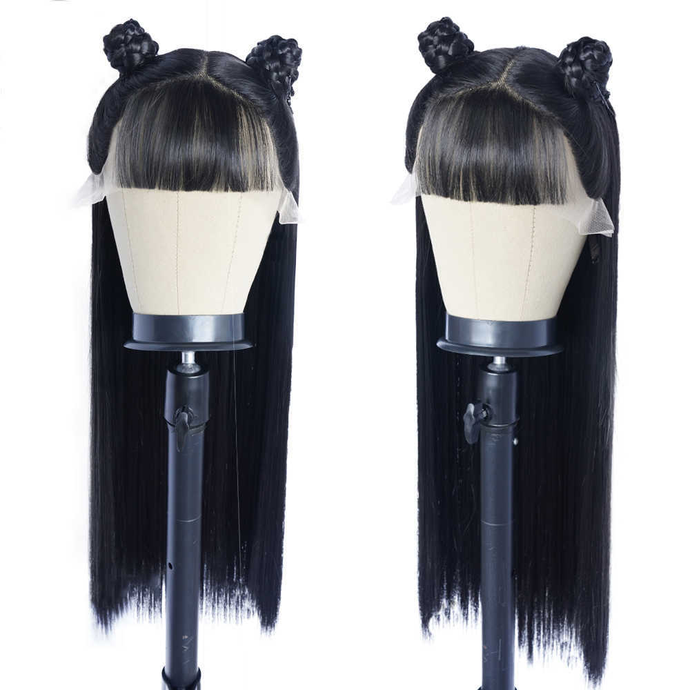 Synthetic Wigs Straight Lace Wigs with Bangs Synthetic Long for Black Women Heat Resistant Fibre Cheaper Natural Wig Daily Use 230227