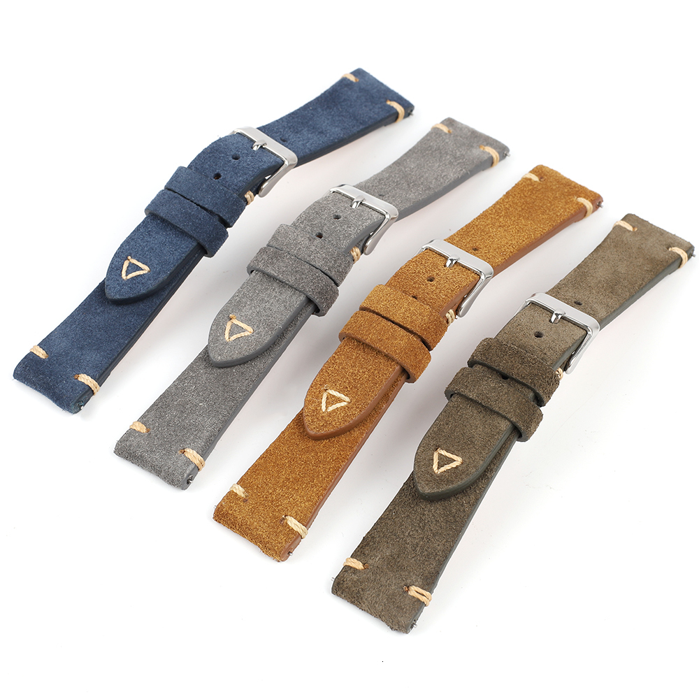 Watch Bands Vintage Suede Leather Watch Band 20mm 22mm Blue Brown Watch Strap Replacement Wristband Handmade Stitching Watchband 230728