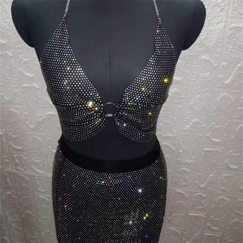 Dental Grills Cosysail Bling Crystal Black White Mesh Hollow Out Sexy Sleeveless Fishnet Bra Chain Evening Party Carnival Dresses for Female 230727