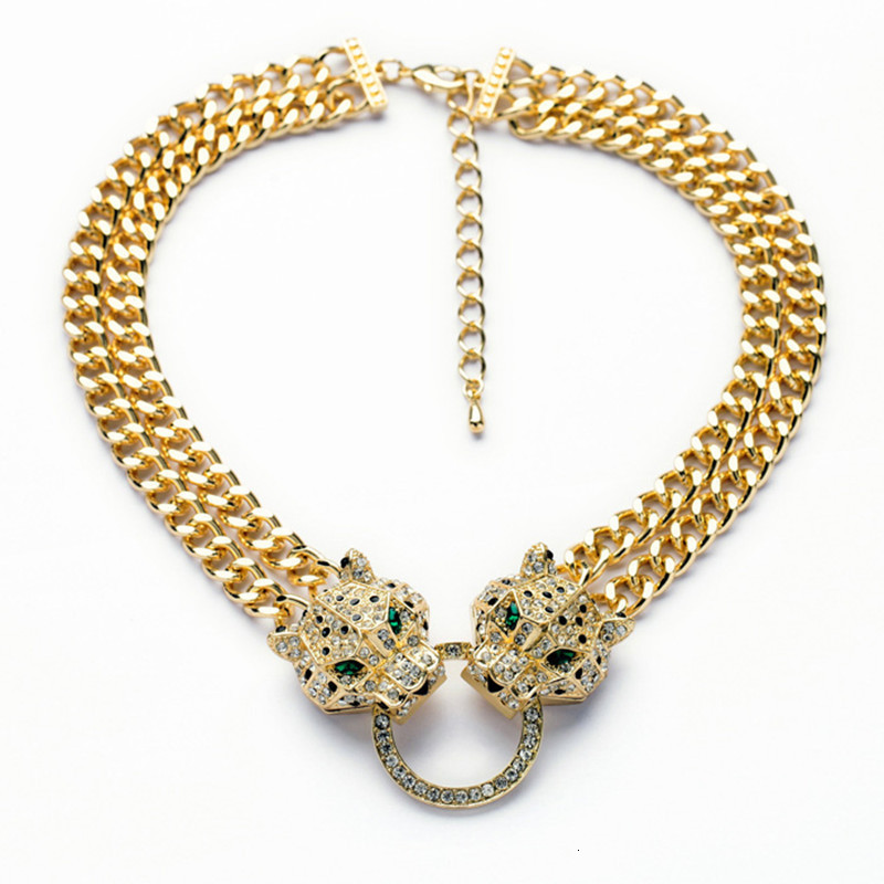 Charms Hip Hop Double Leopard Head Pendant Choker Necklace With Cuban Chain For Men Women Fashion Panther Jewelry 230727