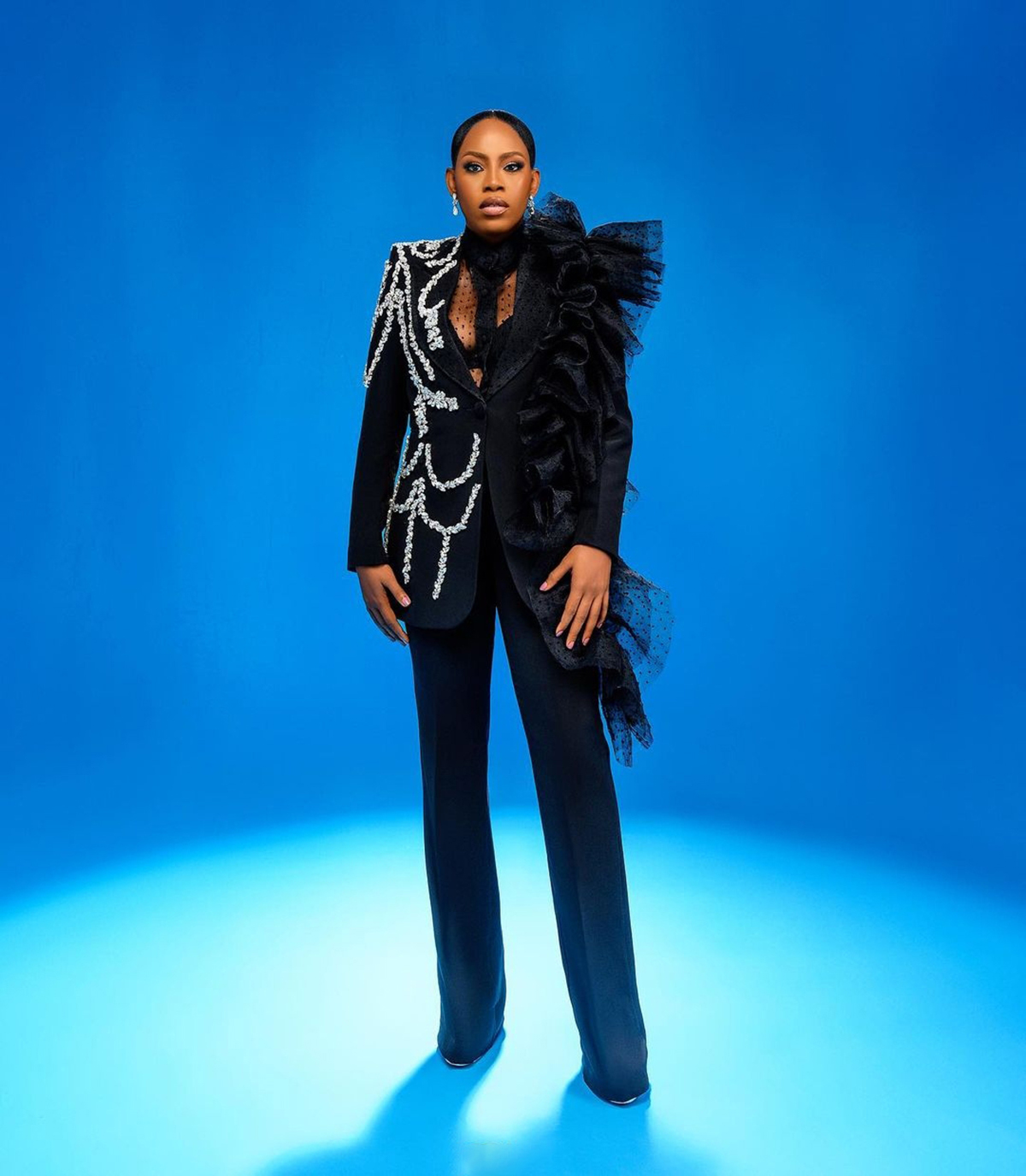 Cool Black Girls Pants Suits Designer Crystal Beading Ruffles Women Formal Party Prom Evening Wear 2 Pieces