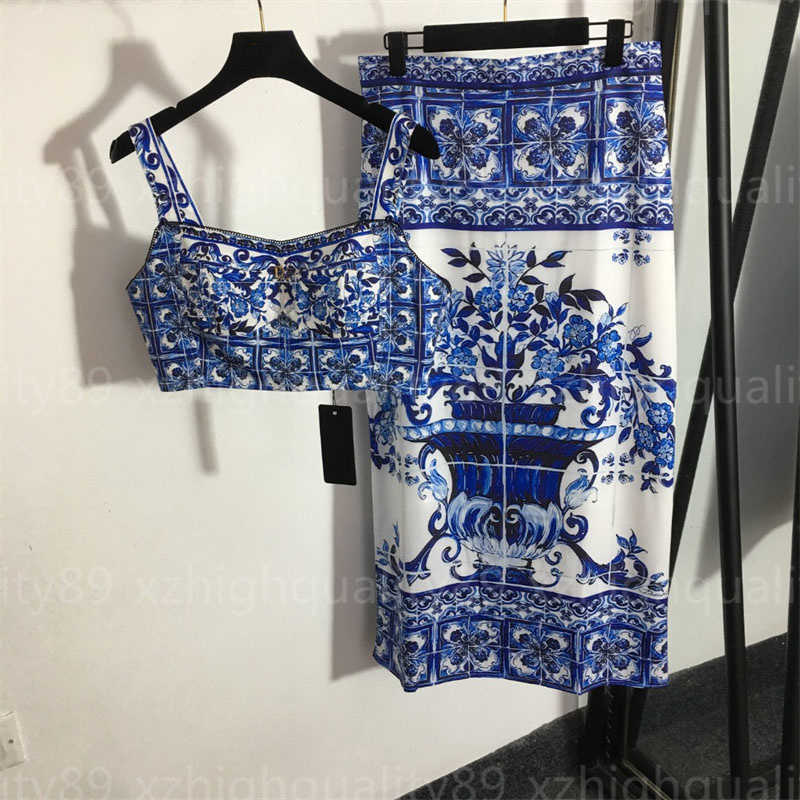 Two piece Set Womens Clothing Tank Top Skirts Suit Summer Outfit Fashion Printed Sexy Vest High Waist Slim Straight Long Skirt Travel Party Clothing Designer Women