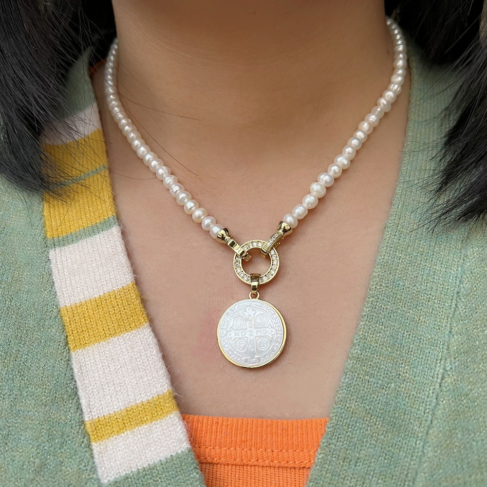 Charms promotion Real Freshwater Pearl Cross San Benito Mother Choker Necklace Religious Medal 's Necklaces 230727