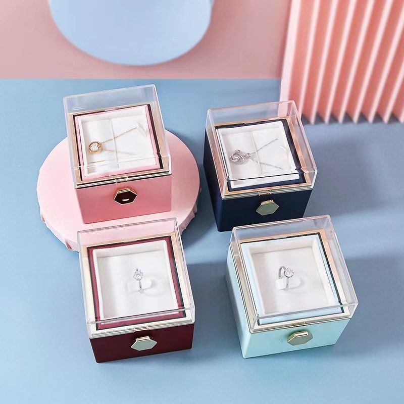 Jewelry Stand Creative Rotation Rose Jewelry Gift Box Valentine's day Artificial Eternal Rose Ring Necklace Storage Jewelry Case Drop 230728