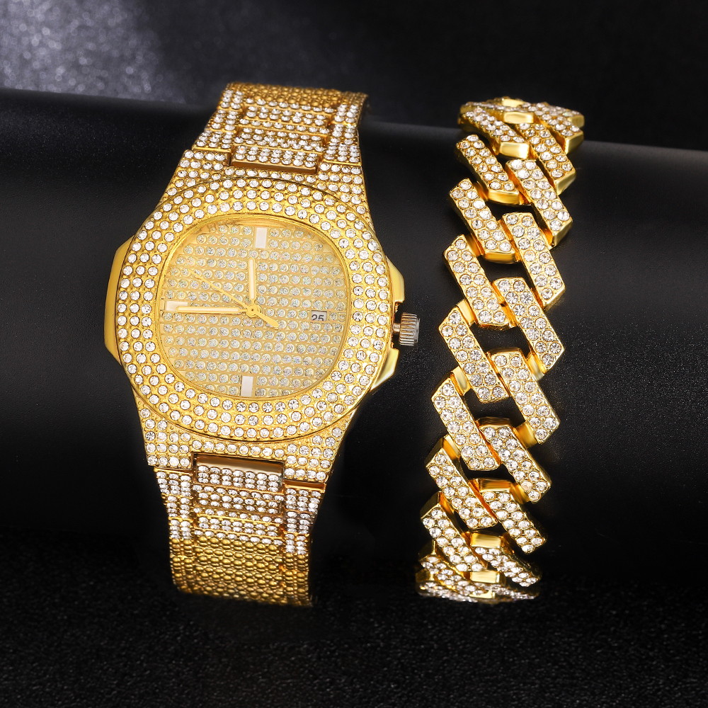 Charm Bracelets Hip Hop Iced Out Cuban Bracelet Men 20MM Cuban Chain Jewelry Watch Suit Silver Color Tennis Chain Watch For Men's Rapper Gift 230