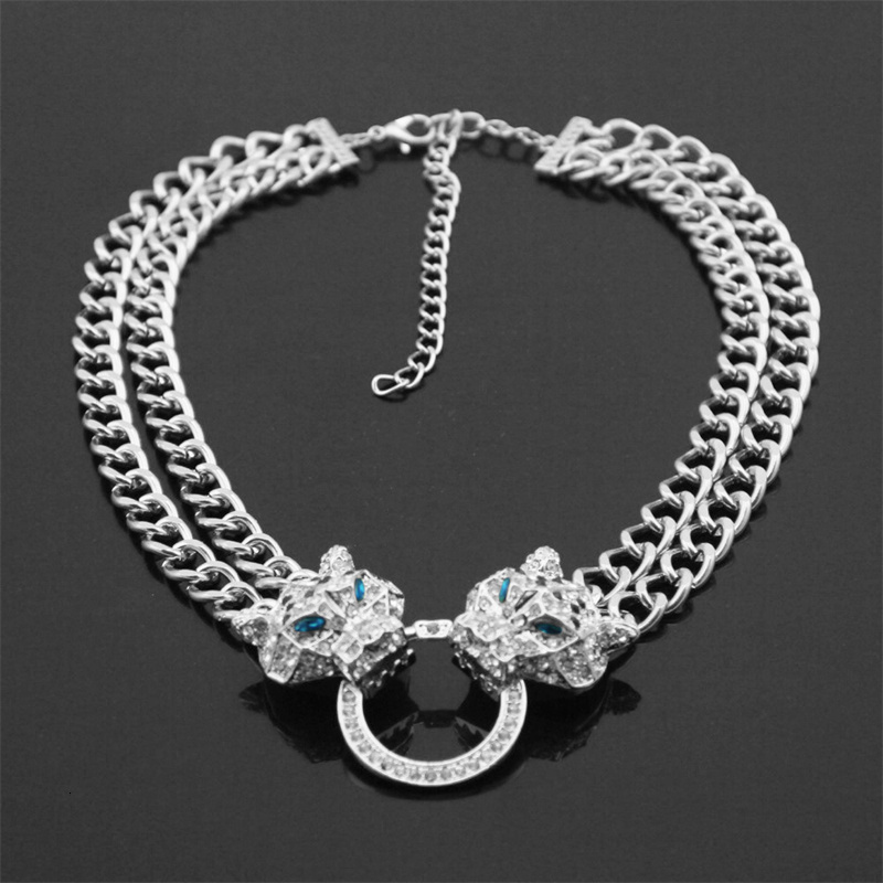 Charms Hip Hop Double Leopard Head Pendant Choker Necklace With Cuban Chain For Men Women Fashion Panther Jewelry 230727