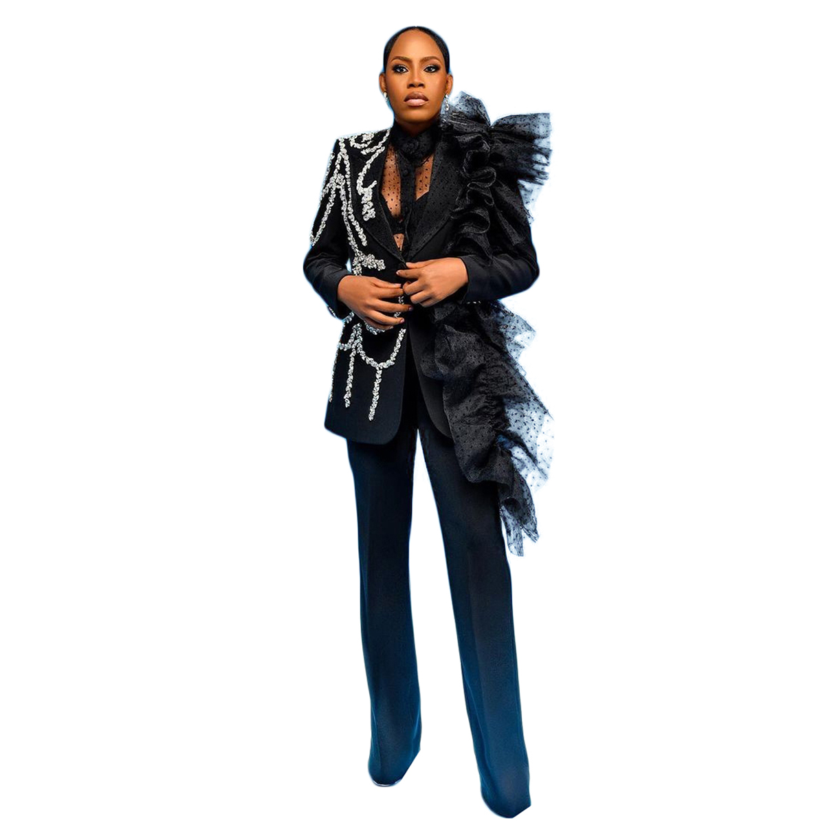 Cool Black Girls Pants Suits Designer Crystal Beading Ruffles Women Formal Party Prom Evening Wear 2 Pieces