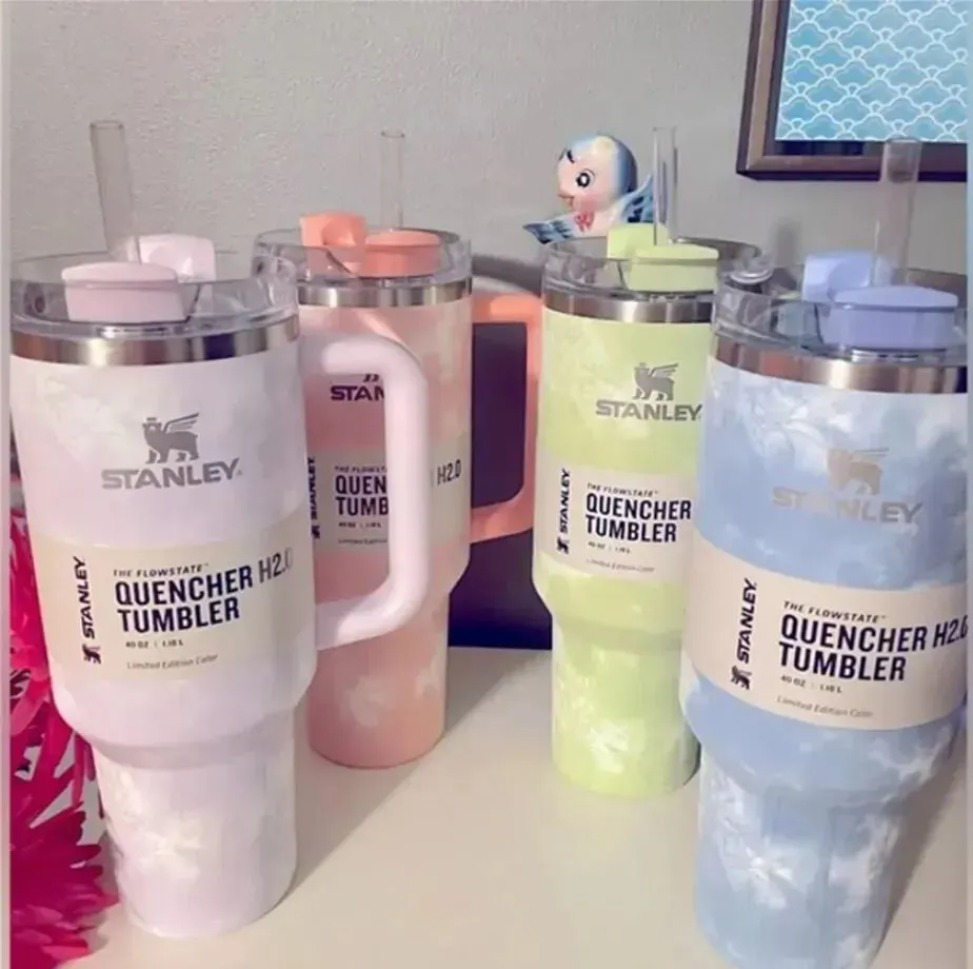 Stock! Pink Stanley Logo Tie Dye 40oz Mugs With Handle Insulated Tumblers Lid Straw Stainless Steel Coffee Termos Cup With logo J0728599