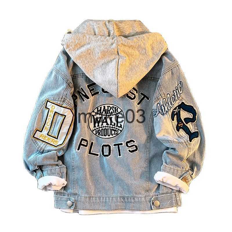 Jackets Korean Children Boys Denim Jackets Cotton Teenage Hooded Jeans Jackets Letter Print Spring Boys Clothes 4 6 8 12 16 Years Old J230728