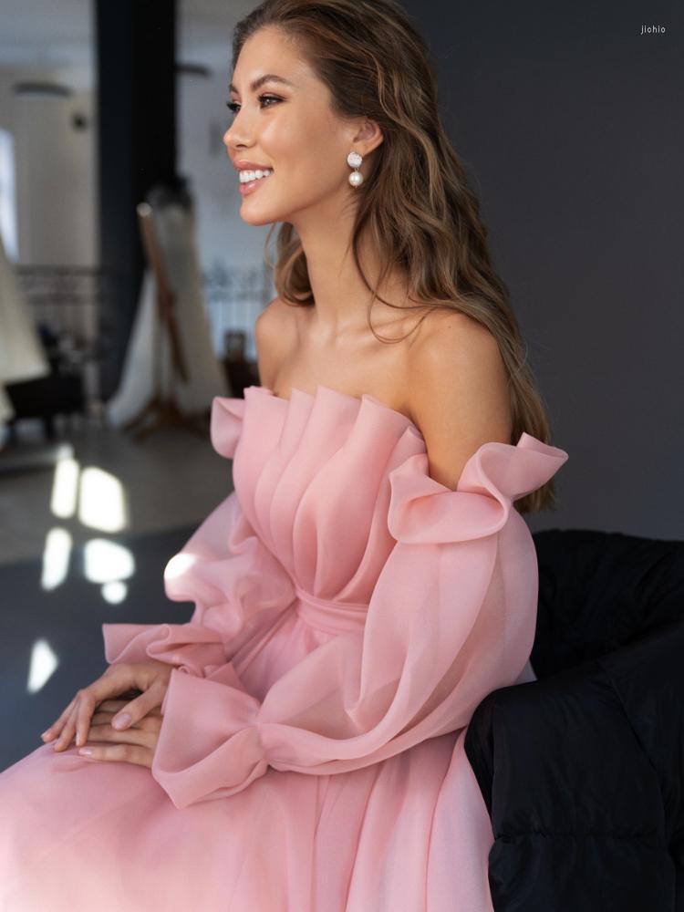 Casual Dresses Pink Strapless For Women Lantern Sleeve Pleated A Line Ankle-Length Summer Party Wear Chic Aesthetic Graceful Sweet Gown