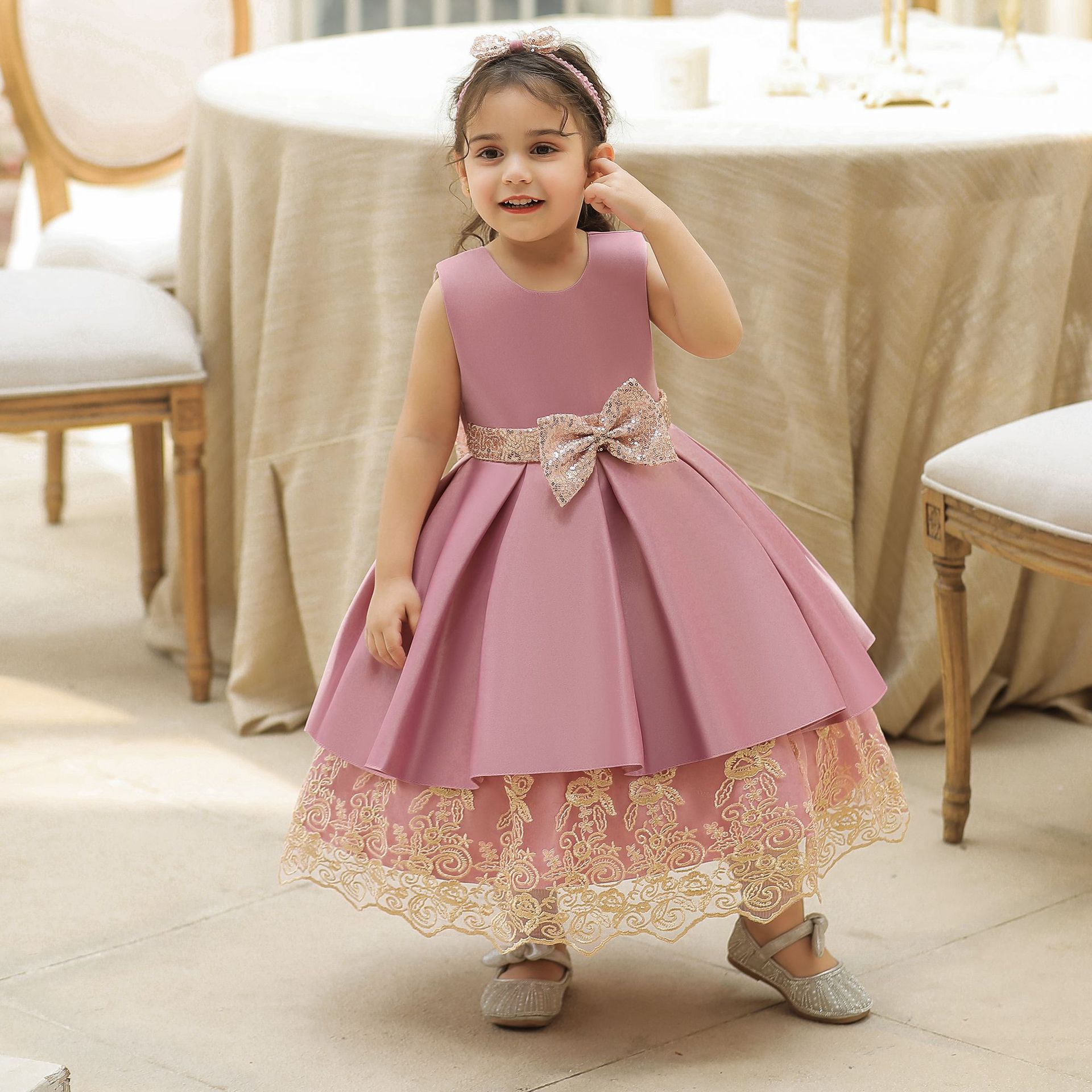 2023 New Baby Girls Summer Dress Chinese Embroidery Style Gift Dress Bowtie Dress Princess Girls Party Dress
