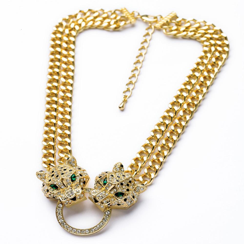 Charms Hip Hop Double Leopard Head Pendant Choker Necklace With Cuban Chain For Men Women Fashion Panther Jewelry 230727