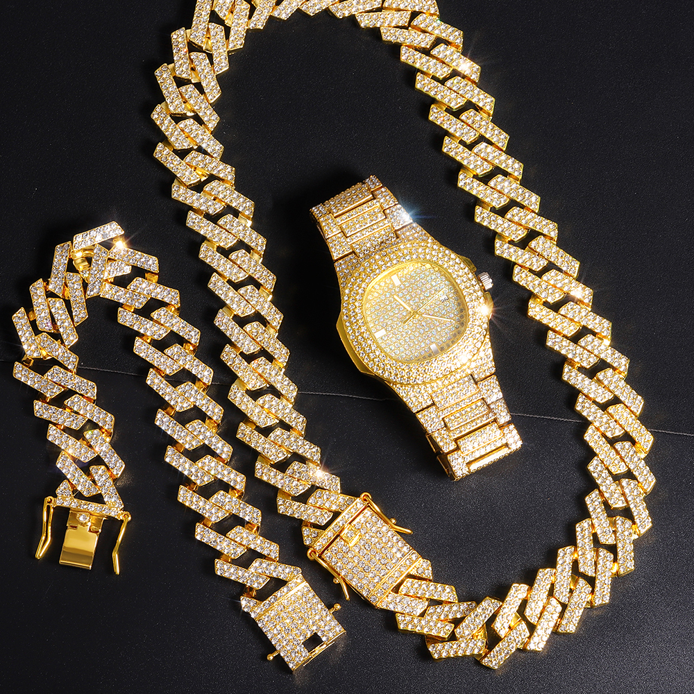 Charm Bracelets Hip Hop Iced Out Cuban Bracelet Men 20MM Cuban Chain Jewelry Watch Suit Silver Color Tennis Chain Watch For Men's Rapper Gift 230