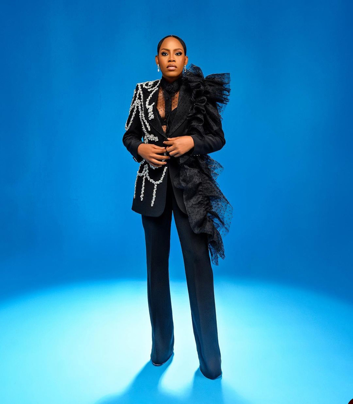 Cool Black Girls Pants Suits Designer Crystal Beading Ruffles Women Formal Party Prom Evening Wear 2 Pieces