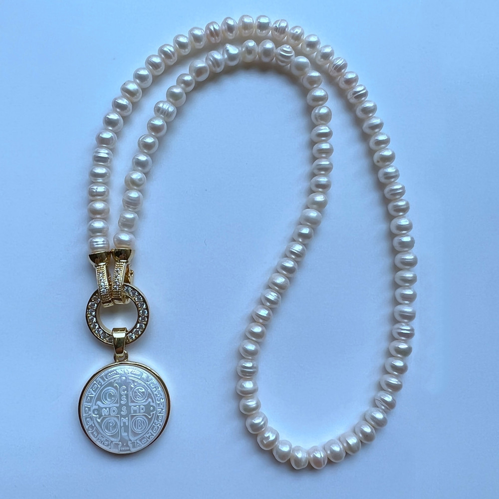 Charms promotion Real Freshwater Pearl Cross San Benito Mother Choker Necklace Religious Medal 's Necklaces 230727