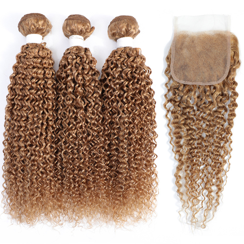 Brazilian Human Hair 3 Bundles With 4*4 Lace Closure 27# Color Kinky Curly Yirubeauty Virgin Hair Wefts With Closure Free Part