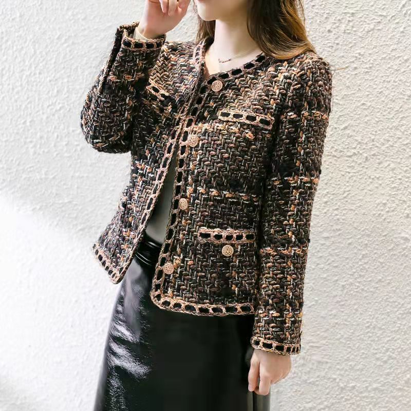 Autumn spring new womens o-neck brown color tweed woolen short jacket coat plus size casacos SMLXLXXL3XL4XL