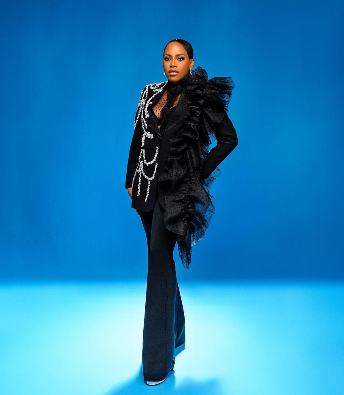 Cool Black Girls Pants Suits Designer Crystal Beading Ruffles Women Formal Party Prom Evening Wear 2 Pieces