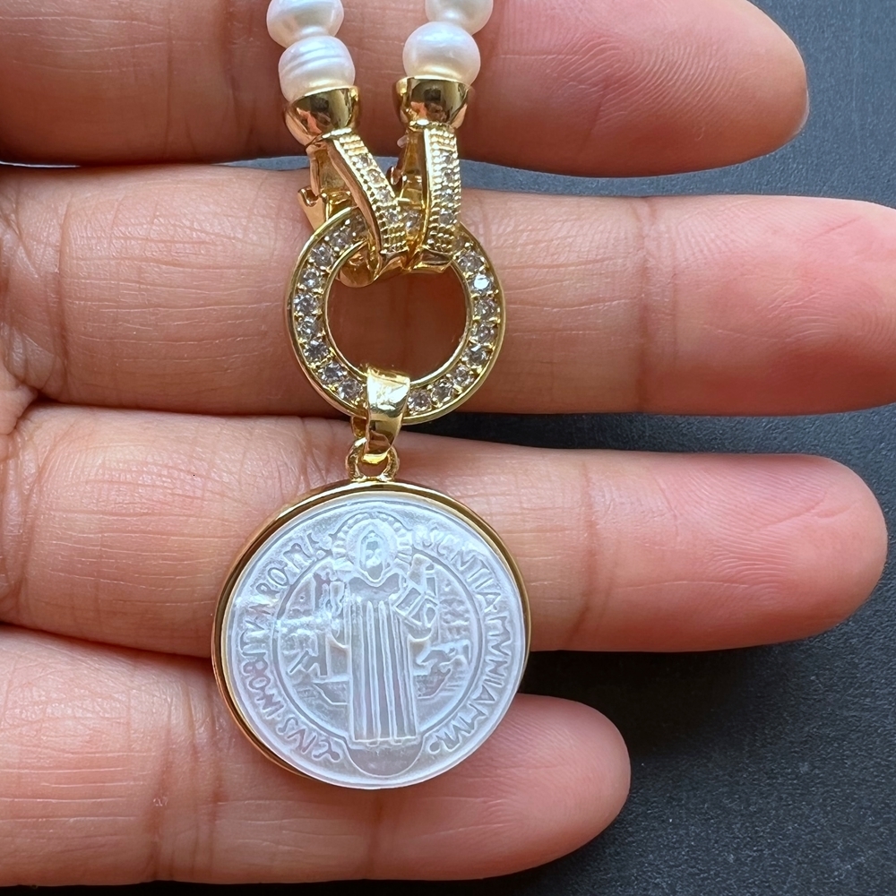 Charms promotion Real Freshwater Pearl Cross San Benito Mother Choker Necklace Religious Medal 's Necklaces 230727