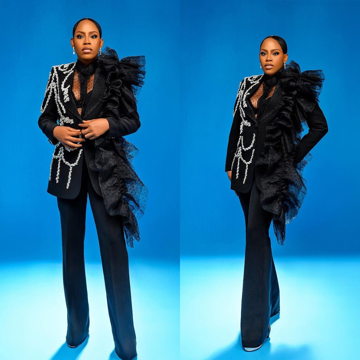 Cool Black Girls Pants Suits Designer Crystal Beading Ruffles Women Formal Party Prom Evening Wear 2 Pieces