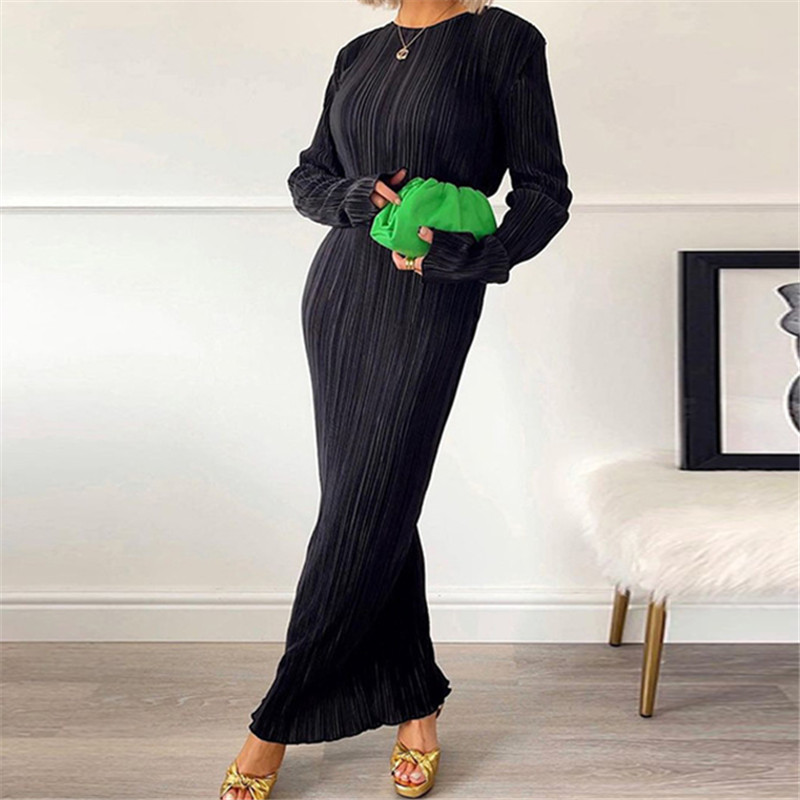 Long Sleeve Dresses designer dress womens dress for women Urban women's crew neck long sleeve slim pleated long skirt Fashion temperament elegant