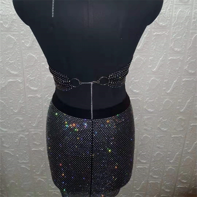 Dental Grills Cosysail Bling Crystal Black White Mesh Hollow Out Sexy Sleeveless Fishnet Bra Chain Evening Party Carnival Dresses for Female 230727