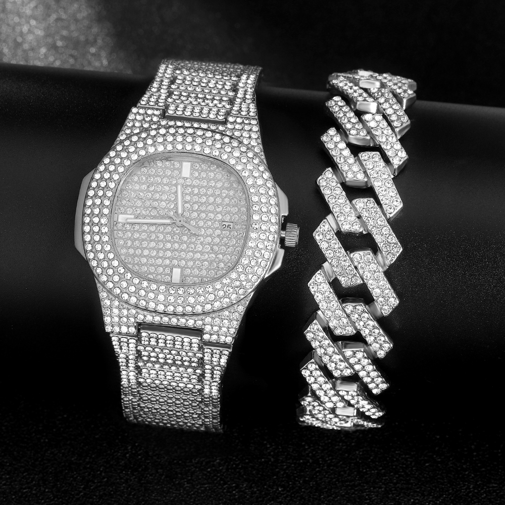 Charm Bracelets Hip Hop Iced Out Cuban Bracelet Men 20MM Cuban Chain Jewelry Watch Suit Silver Color Tennis Chain Watch For Men's Rapper Gift 230