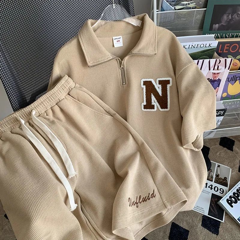 Women's Two Piece Pants Summer Shorts Matching Set Women Casual Clothes Solid Sportswear Suit Female Turn Down Collar Letter Tops Drawstring Pant