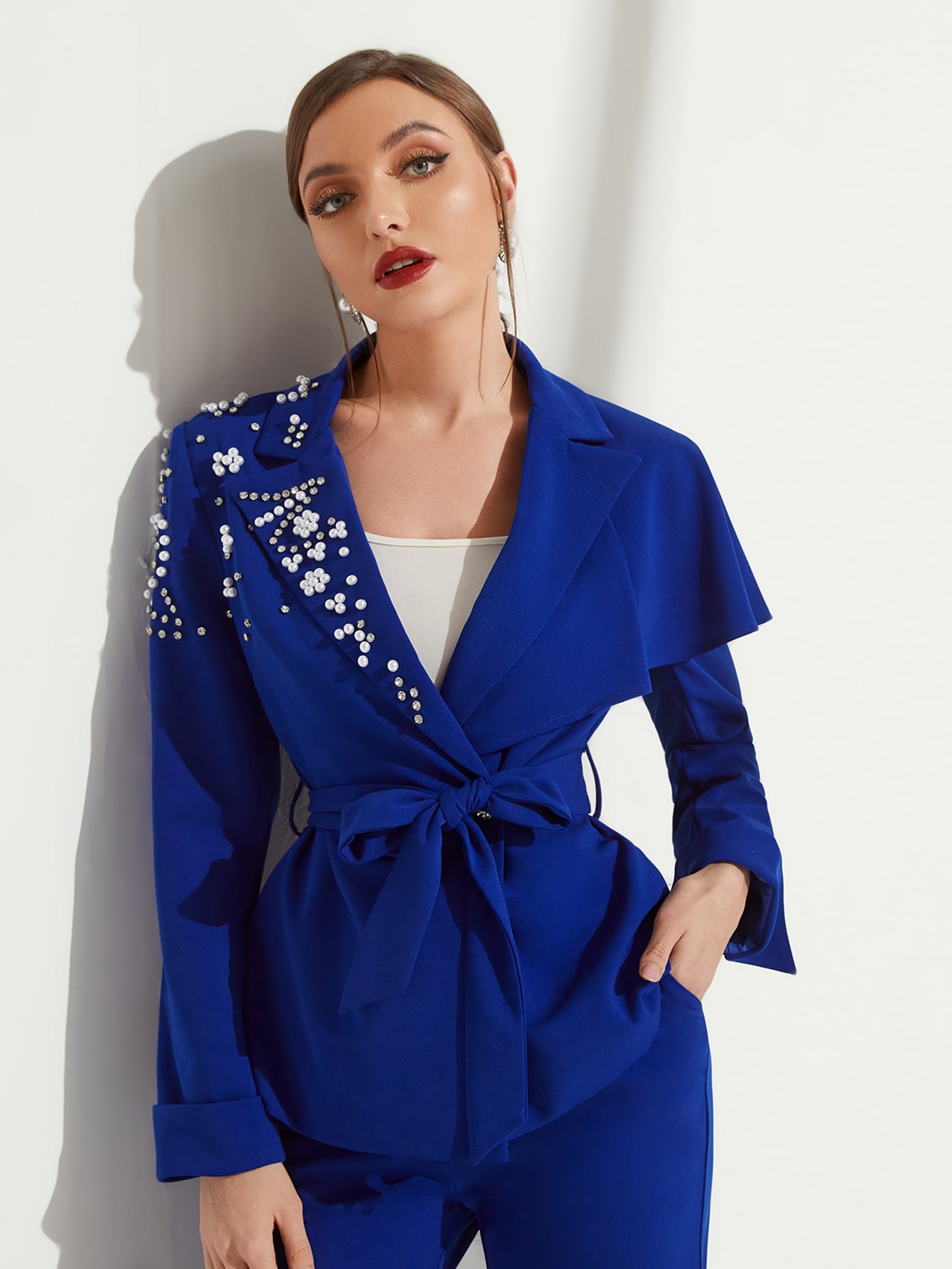 Fashion Women Pants Suits Crystal Beading Blazer Sets Loose Flare Trouser 2 Pieces Custom Made For Lady