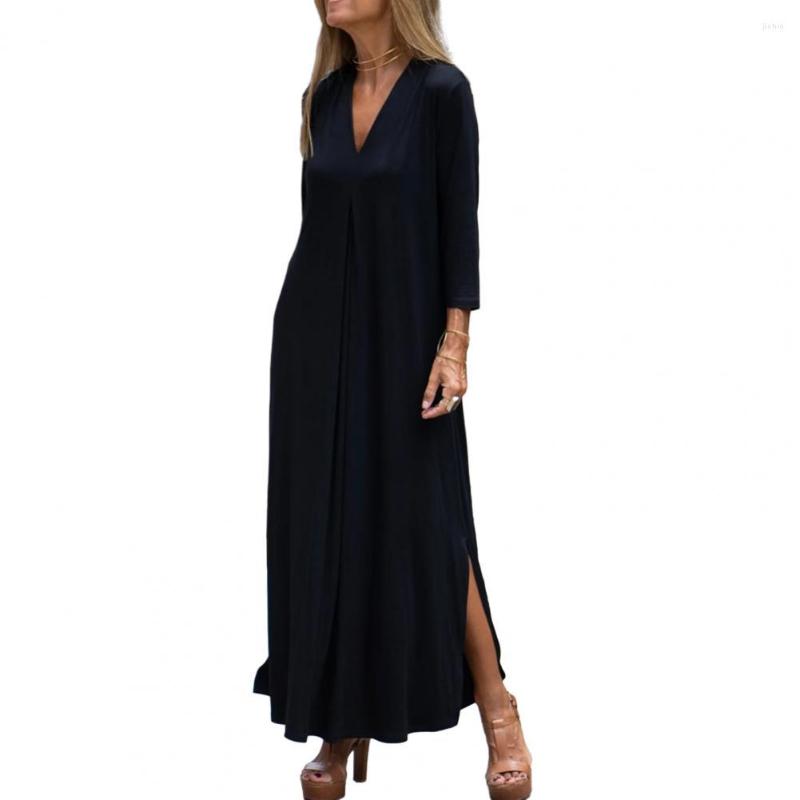 Casual Dresses Women Dress Solid Color Side Split Hem Loose V Neck 3/4 Pleated Sleeve Knitted Soft Ankle Length Maxi