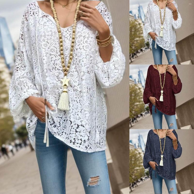 Casual Dresses Boho White Lace Plus Size Women Sexy Hollow Out V Neck Long Sleeve Beach Holiday Blouse Elegant Female Bandage Tassel Shirts