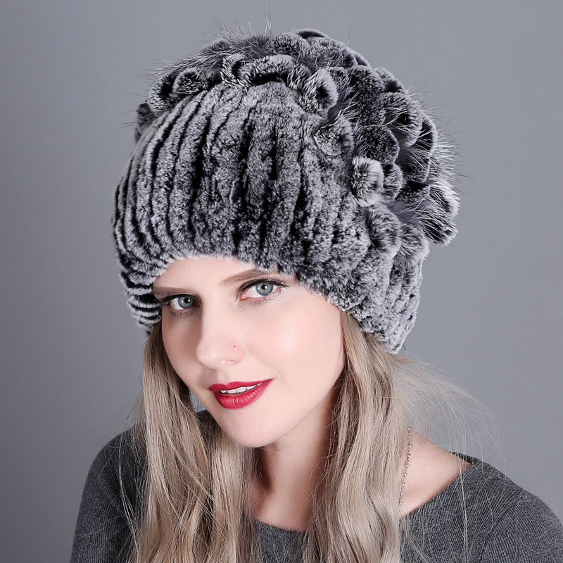 Beanie Skull Caps Winter Women s Warm Fashion Beanie Knitted Hat Real Rex Rabbit Fur With Side Flower Russia 230729
